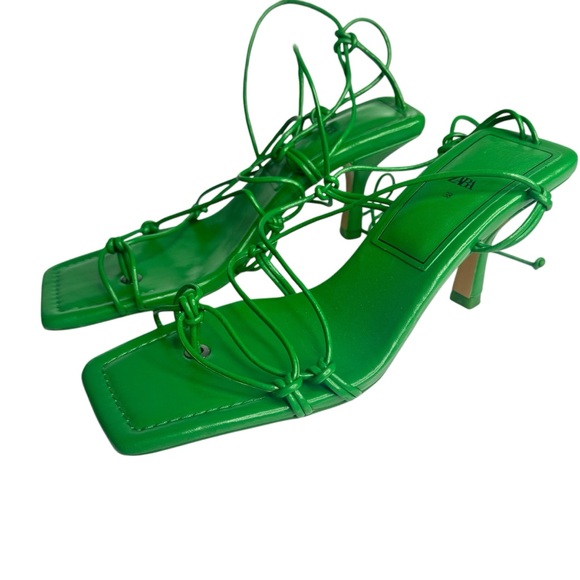 ZARA TIE STRAP HEELED SANDALS Faux Leather Strappy Ankle Lace Up‎ US 7.5 EU 38 - Picture 6 of 14
